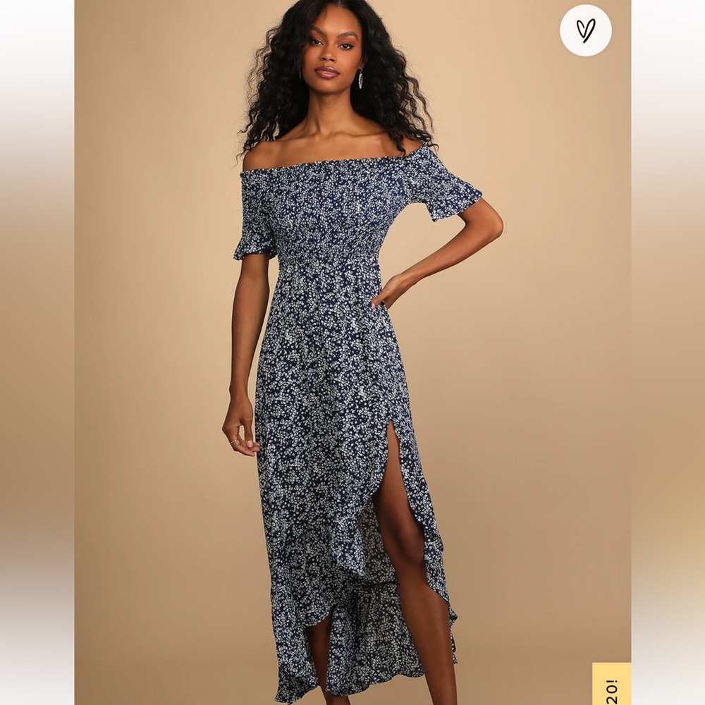Lulus Navy Blue Floral Print Off-the-Shoulder Midi Dress